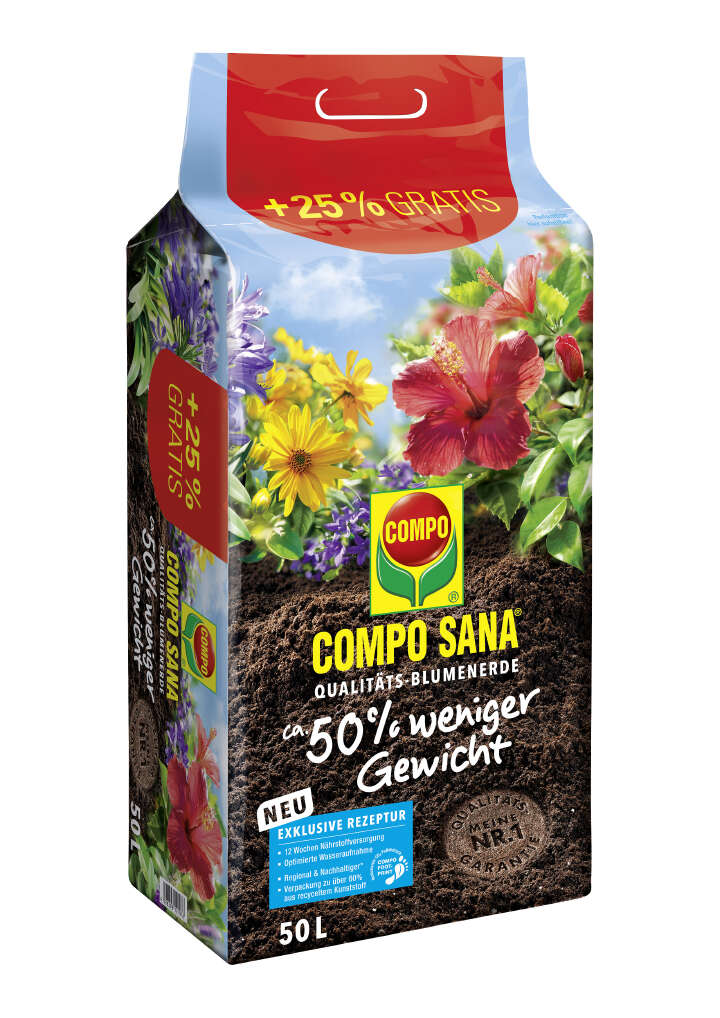 COMPO SANA Qualitäts-Blumenerde ca. 50% weniger Gewicht COMPO SANA Qualitäts-Blumenerde ca. 50% weniger Gewicht